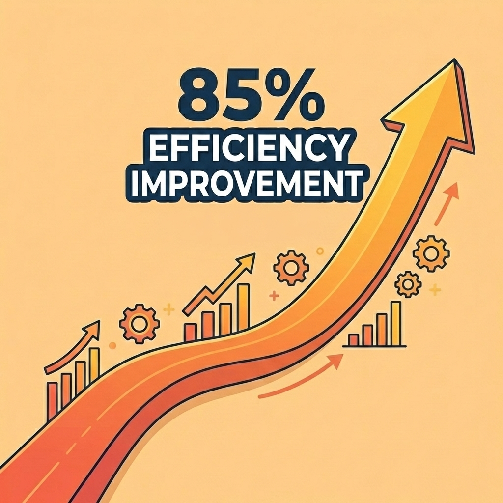Upward arrow showing growth metric with 85 percent efficiency improvement statistic